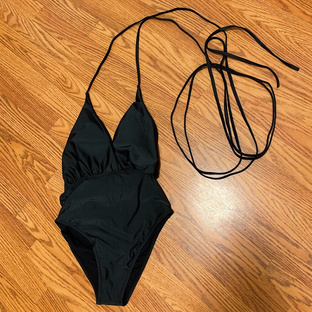 Multi-way black one piece bathing suit